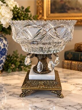 Vintage Cut Crystal Centerpiece Compote Bowl Brass & Marble Pedestal Prism Drops